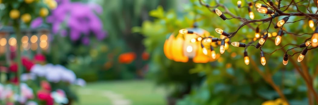 Colorful flowers bloom in a well-kept garden, twinkling fairy lights glow softly, creating a warm ambiance on a summer evening, inviting relaxation and joy.