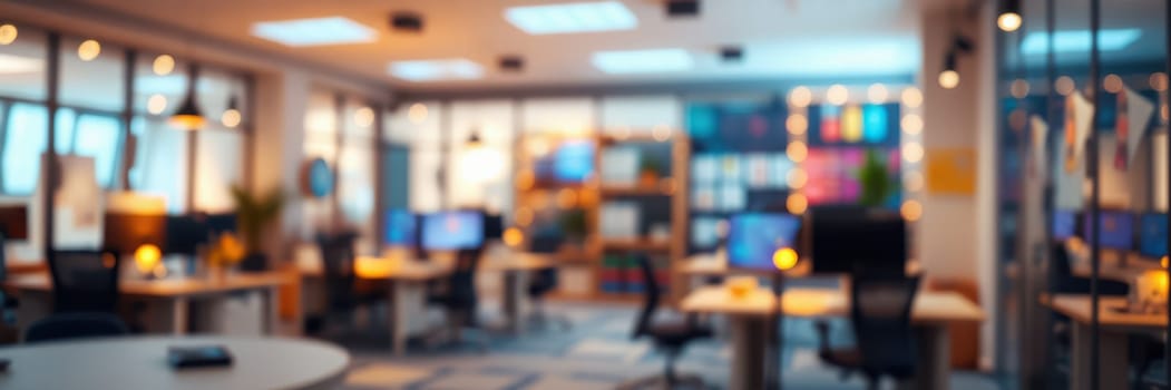 Colleagues are focused at their desks in a contemporary office filled with bright monitors and soft ambient lighting, creating a productive atmosphere for teamwork.