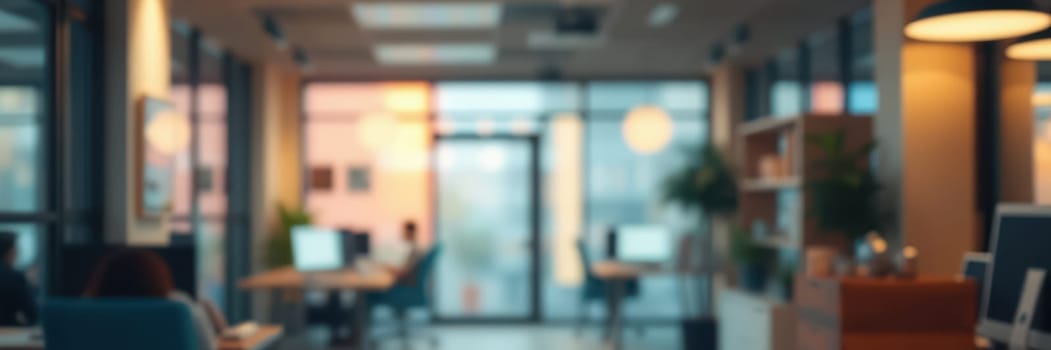 An inviting office space showcases sleek desks and glowing lights, revealing a productive atmosphere as evening settles in. Employees engage in work while natural light dims.