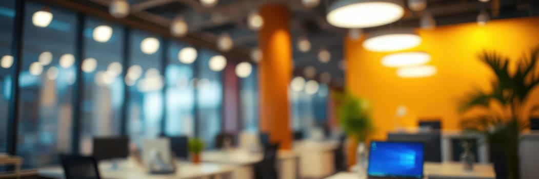 Open office layout features multiple desks arranged neatly, large windows allowing natural light, greenery elements, and warm lighting, creating a productive atmosphere.