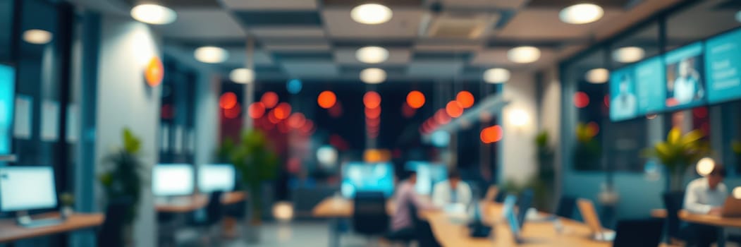 A vibrant office setting features numerous workstations with glowing screens, plants, and soft lighting creating a dynamic atmosphere for collaboration after hours.