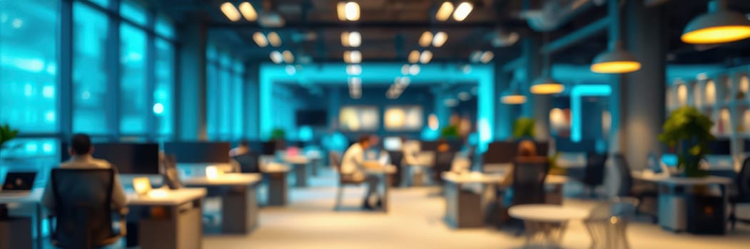 Employees collaborate and focus on tasks in a brightly lit office filled with contemporary furniture and technology. The space features blue lighting, creating an energetic atmosphere.