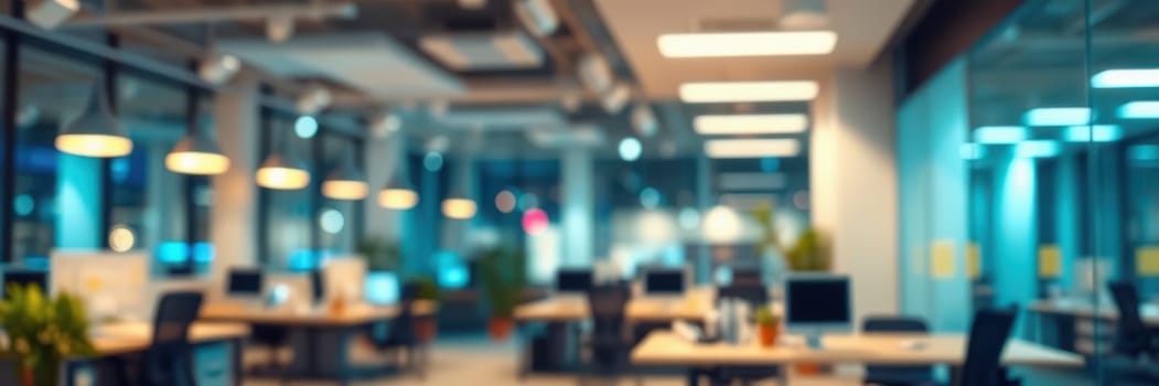 Warm illumination fills a spacious modern office featuring multiple workstations and plants, creating a vibrant yet professional atmosphere suitable for productivity.