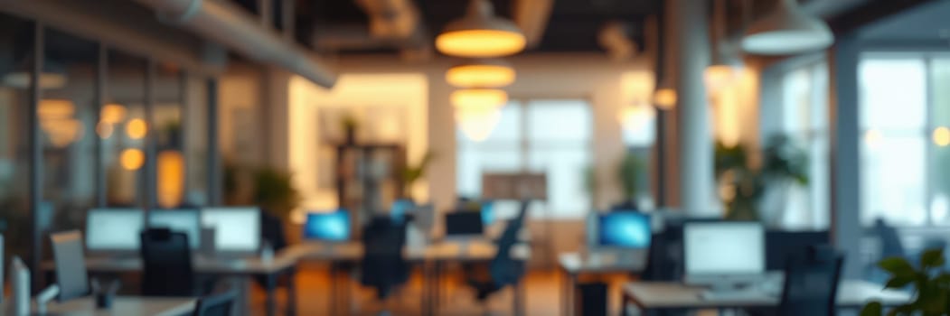 Bright and spacious office environment features numerous desks and computers, highlighted by warm lighting. The calm atmosphere suggests a productive morning at work.