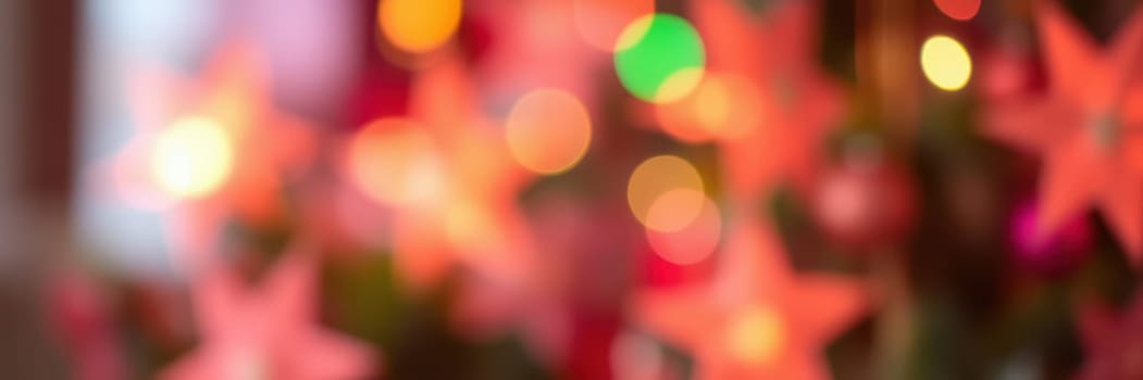 Brightly lit star-shaped decorations adorn a space, casting warm hues of red and green. Families enjoy togetherness while celebrating traditional festivities and creating cherished memories.