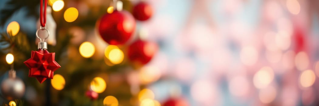Bright red ornaments adorn a Christmas tree, reflecting warm lights and creating a joyful ambiance. The softly blurred background enhances the festive spirit, perfect for holiday celebrations.