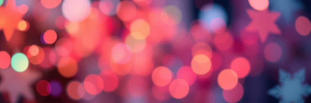 Colorful bokeh lights in red, pink, and blue illuminate an event, creating a joyful and vibrant ambiance filled with festive spirit during the evening hours.