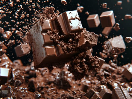 ExplClose-up of chocolate squares breaking apart in mid-air with cocoa powder bursting around. The dynamic composition highlights texture, detail, and the indulgent richness of chocolate.