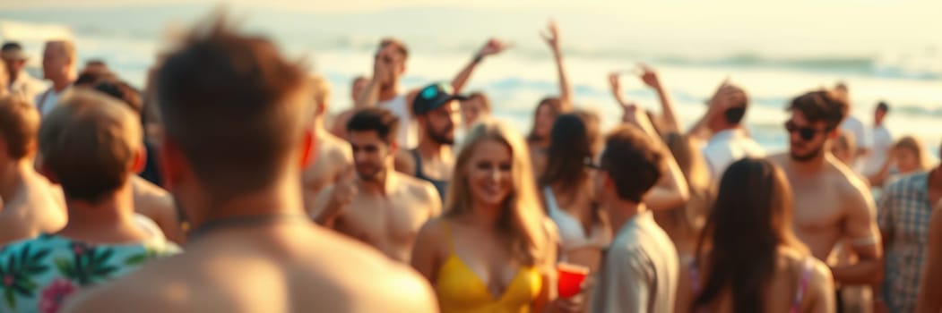 A lively beach party takes place during sunset, with numerous people dancing and socializing. Participants wear summer attire, celebrating by the water.