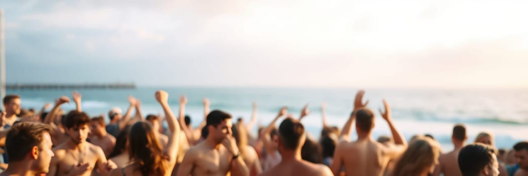 A lively gathering takes place at the beach with people celebrating and dancing. The sun sets over the ocean, creating a festive atmosphere filled with joy and excitement.