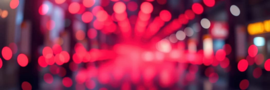 Bright red lights create an energetic atmosphere on a lively city street filled with people enjoying a vibrant night out during a local festivity.