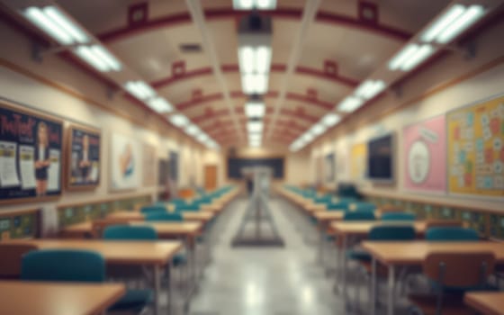 An empty classroom features rows of wooden desks and bright fluorescent lights above. Walls showcase educational materials and colorful decorations, creating an inviting atmosphere for learning.