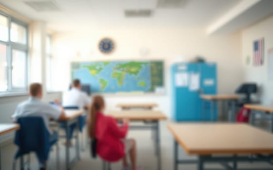 In a well-lit classroom, students focus on their geography lesson, surrounded by maps and educational materials. The atmosphere is engaging and conducive to learning.