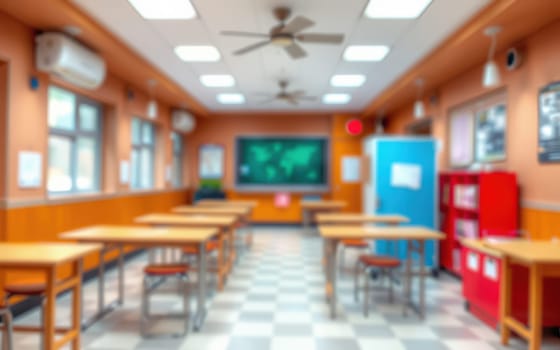 The classroom features neatly arranged desks and colorful walls, with a large screen at the front displaying educational content. Abundant natural light enhances the inviting atmosphere.