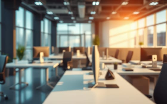 Bright office space featuring sleek desks and modern technology, illuminated by afternoon sunlight streaming through large windows. The atmosphere is calm and inviting.