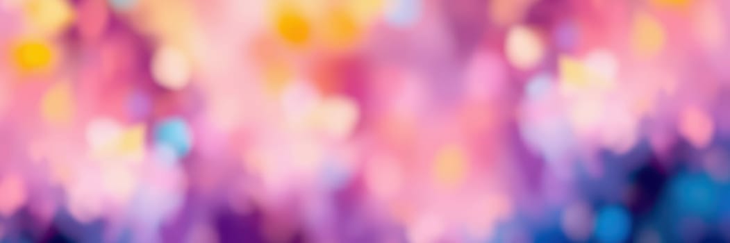 Soft, blurred lights in vibrant pink, purple, and yellow create a dreamy abstract background. The colors blend harmoniously, suggesting a festive and joyful vibe in a lively atmosphere.