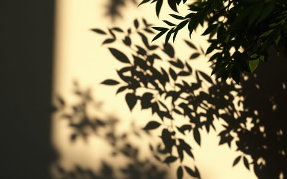 Shadows of leaves create intricate patterns on a warm wall as late afternoon sun filters through the foliage, evoking a sense of tranquility and nature’s beauty.
