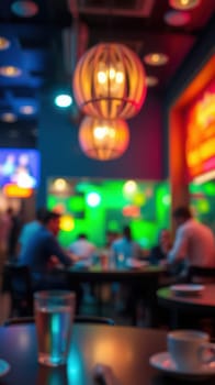Soft lights create a vibrant atmosphere in a busy cafe where people socialize and enjoy their drinks. The background showcases colorful decor and engaging conversations.