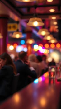 Patrons engage in conversation at a vibrant bar filled with colorful lights and a warm ambiance, creating a lively atmosphere during the evening.