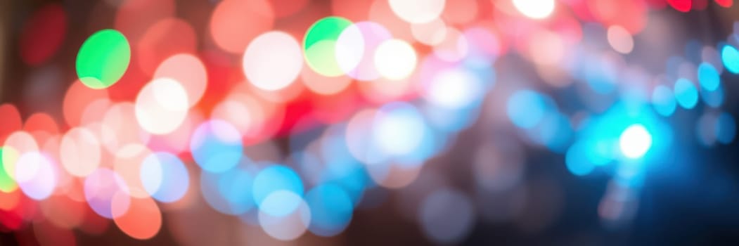 Bright multicolored lights shimmer and blur, creating a vibrant atmosphere at a public gathering during the evening. The lights enhance the celebratory mood.