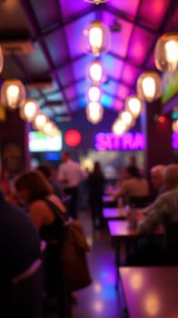 A lively restaurant filled with diners enjoying their meals under colorful lights. The ambiance is energetic, with vibrant neon signs glowing in the background.