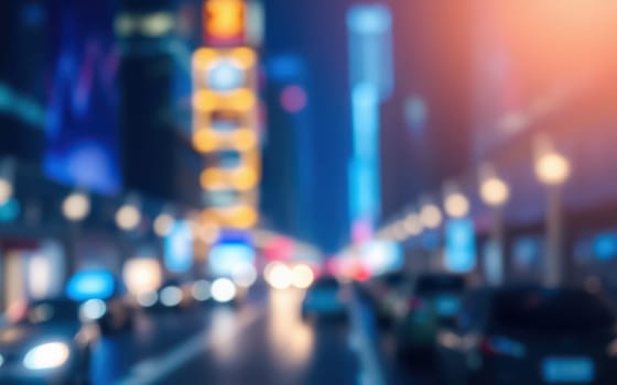A bustling urban street filled with traffic and illuminated signs creates a lively atmosphere at night, capturing the essence of city life after dark.