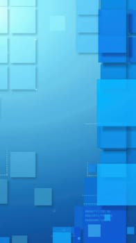 Various blue squares and rectangles overlap against a gradient backdrop, forming an abstract geometric composition that suggests depth and modernity.