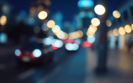 Bright lights from cars and street lamps illuminate a bustling city street during twilight, creating a vibrant yet blurred urban ambiance with movement captured in the background.