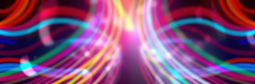 Bright, swirling light patterns in various colors fill the space, creating an energetic and lively ambiance ideal for artistic performances or social gatherings.