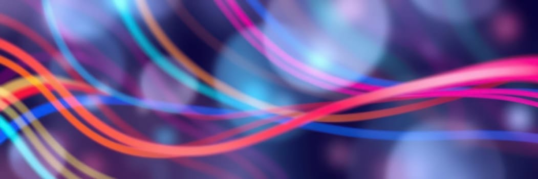 Bright, colorful light trails meander through a dark purple background, creating an energetic and vibrant atmosphere filled with swirling patterns and soft bokeh effects.