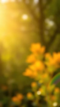 Golden yellow flowers flourish in a lush garden, illuminated by warm sunlight. The vibrant colors contrast with the soft background of greenery, creating a serene atmosphere.