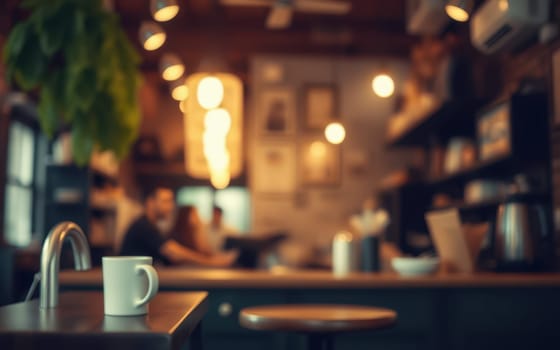 A small white cup sits on a wooden table in a warm, inviting cafe. Patrons enjoy conversation in the background, creating a lively afternoon ambiance filled with soft lighting and greenery.