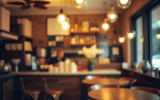 Soft lighting fills a rustic cafe with wooden furniture. A barista prepares drinks behind the counter while customers enjoy their morning routine in a vibrant atmosphere.