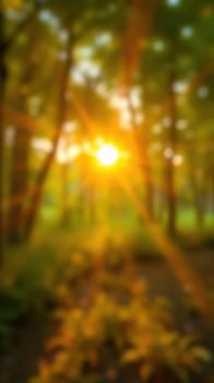 Sunlight breaks through the treetops in a tranquil forest at dawn, casting a golden light on the vibrant green foliage and creating a peaceful atmosphere.