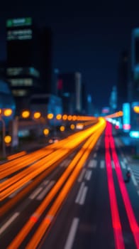Bright streaks of light fill a lively urban street, showcasing the hustle of city traffic at night. Skyscrapers and road markings add to the vibrant atmosphere.