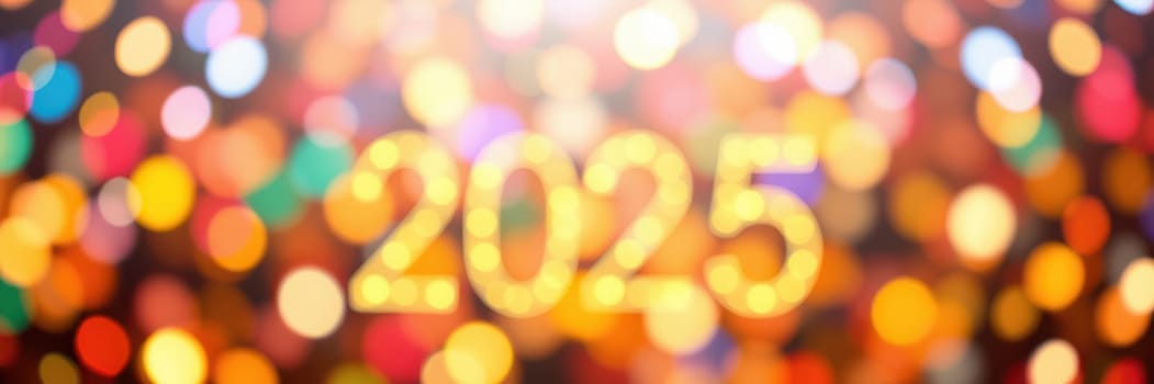A dazzling display of colorful lights fills the background with the year 2025 prominently featured. The atmosphere is festive, marking a joyous welcome to the new year.