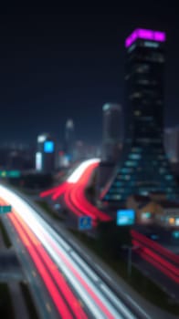 Bright light trails from speeding cars create a dynamic view of a bustling city at night, with skyscrapers twinkling in the background under the dark sky.