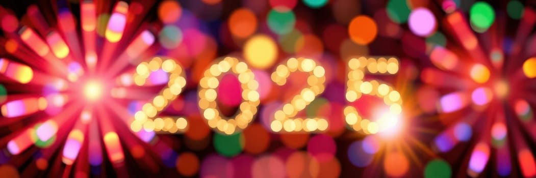 Colorful lights and vibrant fireworks illuminate the night sky as people gather to celebrate the arrival of the year 2025. Joyful festivities create a lively atmosphere.