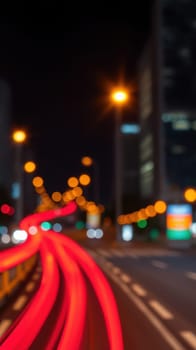 Bright lights illuminate a busy road at night, with streaks of red from moving vehicles and soft bokeh effects from distant city lights creating a vibrant atmosphere.