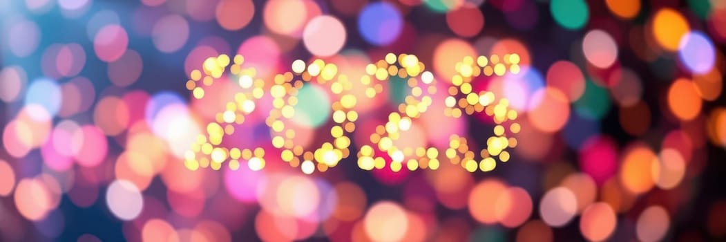 Colorful lights create a festive atmosphere as people celebrate the arrival of 2023. The background is filled with bokeh effects, enhancing the joyful moment.