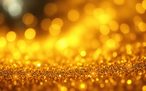 A dazzling array of golden bokeh lights creates a warm atmosphere, reflecting off a shimmering surface during a nighttime festivity, evoking joy and celebration.