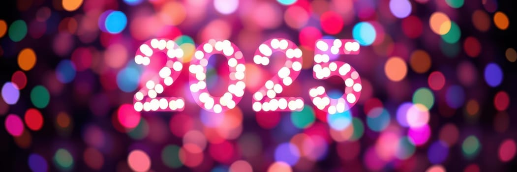 The display features bright, colorful lights in a bokeh pattern, highlighting the year 2025. This festive atmosphere encapsulates the spirit of New Year's celebrations.