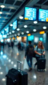 Travelers navigate a bustling airport terminal filled with people and illuminated flight information screens. Luggage is wheeled along the shiny floor while announcements echo.