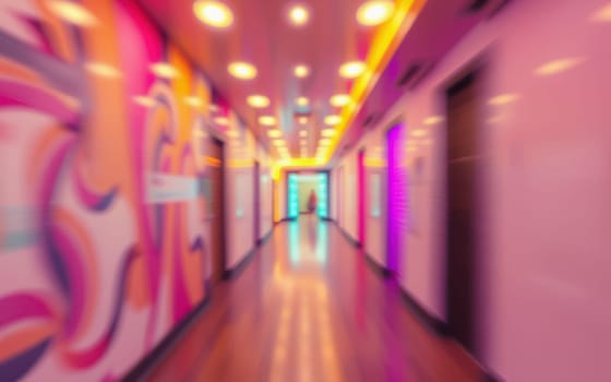 A long corridor features vivid wall murals and bright lighting, creating a lively atmosphere. The setting suggests a trendy location with a focus on modern design elements.