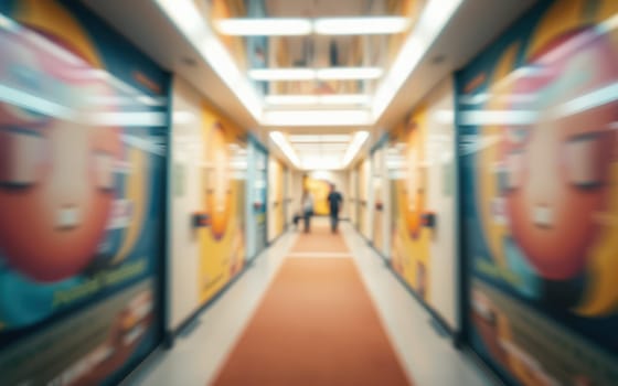 A person walks down a long, vibrant hallway adorned with colorful murals. The corridor features bright artwork on both sides, creating an inviting atmosphere.