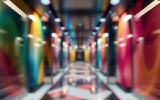 A long hallway showcases brightly colored walls in green, blue, yellow, and red. The modern interior exudes a lively atmosphere while reflecting light on the shiny floor.