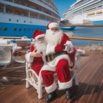 Santa Claus sitting with friend, cruise ship trip. High quality illustration