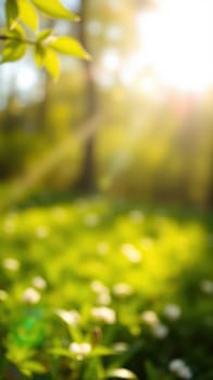 Soft, warm light streams through lush green leaves in a tranquil forest, creating a peaceful ambiance. Delicate flowers dot the vibrant ground below.