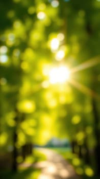 Bright sunlight streams through vibrant green leaves, illuminating a tranquil pathway. The peaceful forest atmosphere invites relaxation and reflection.