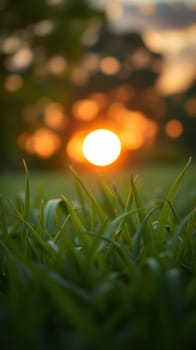The sun sets on the horizon, casting a warm golden glow over vibrant green grass. Silhouettes of trees create a peaceful atmosphere during this tranquil evening.